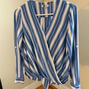 Kut from the Kloth Blue and White Striped Faux-Wrap Blouse